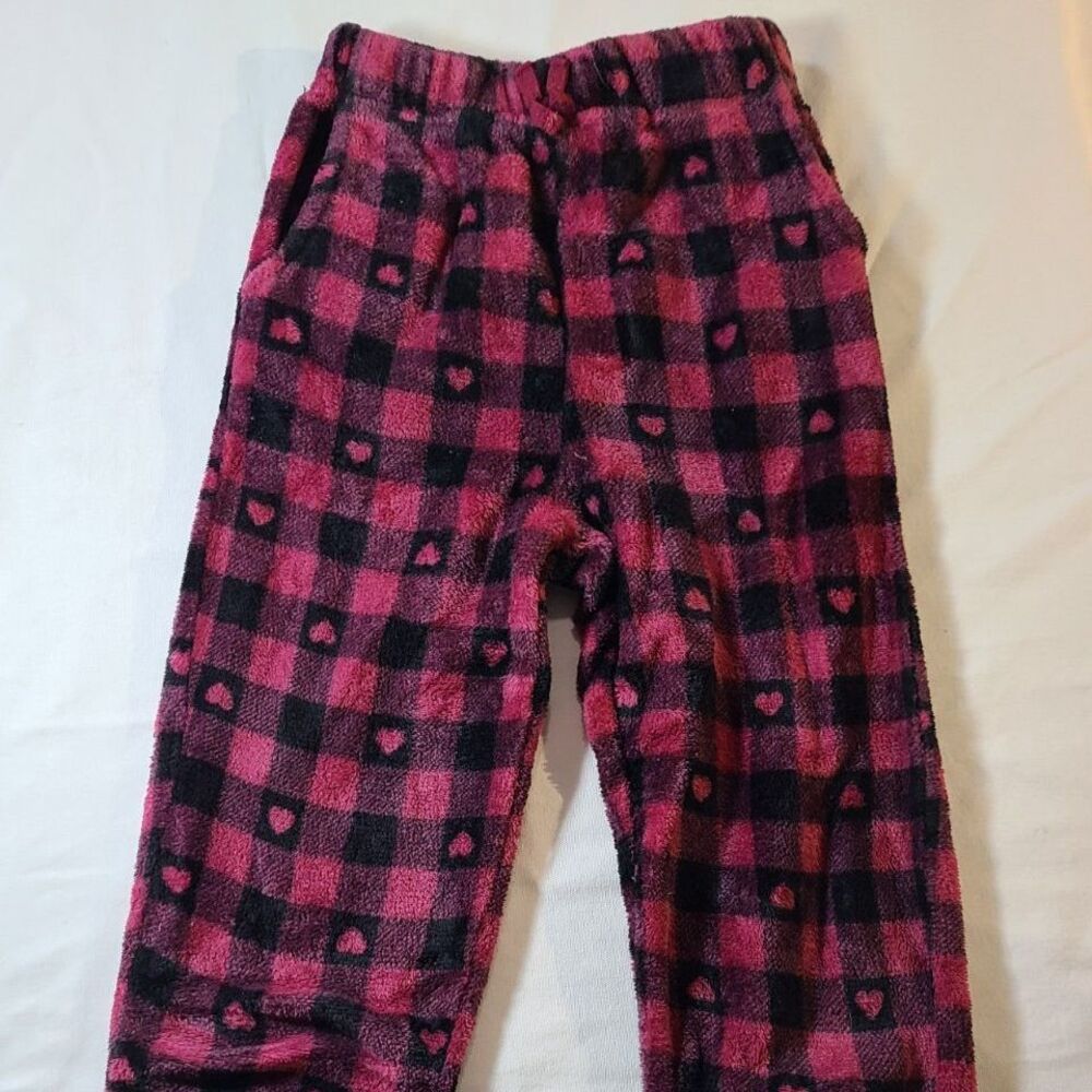 Emma & Elsa Girls Fleece Pajama Pants Size 10-12 Red Plaid Hearts Sleepwear
